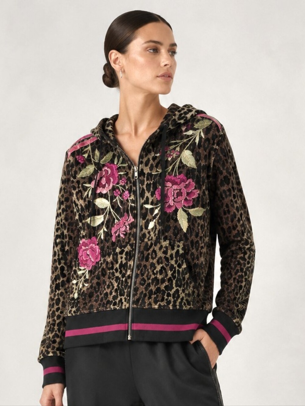 Johnny Was Erin Athletic Velvet Tape Leopard Rose Zip Hoodie Jacket
